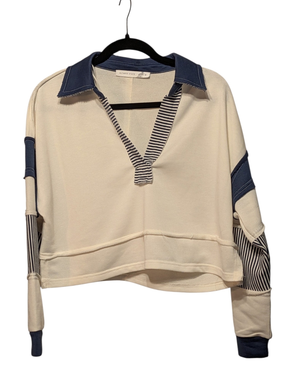 Altar'd State Cropped Cream Pullover with Navy Collar & Stripe Trim